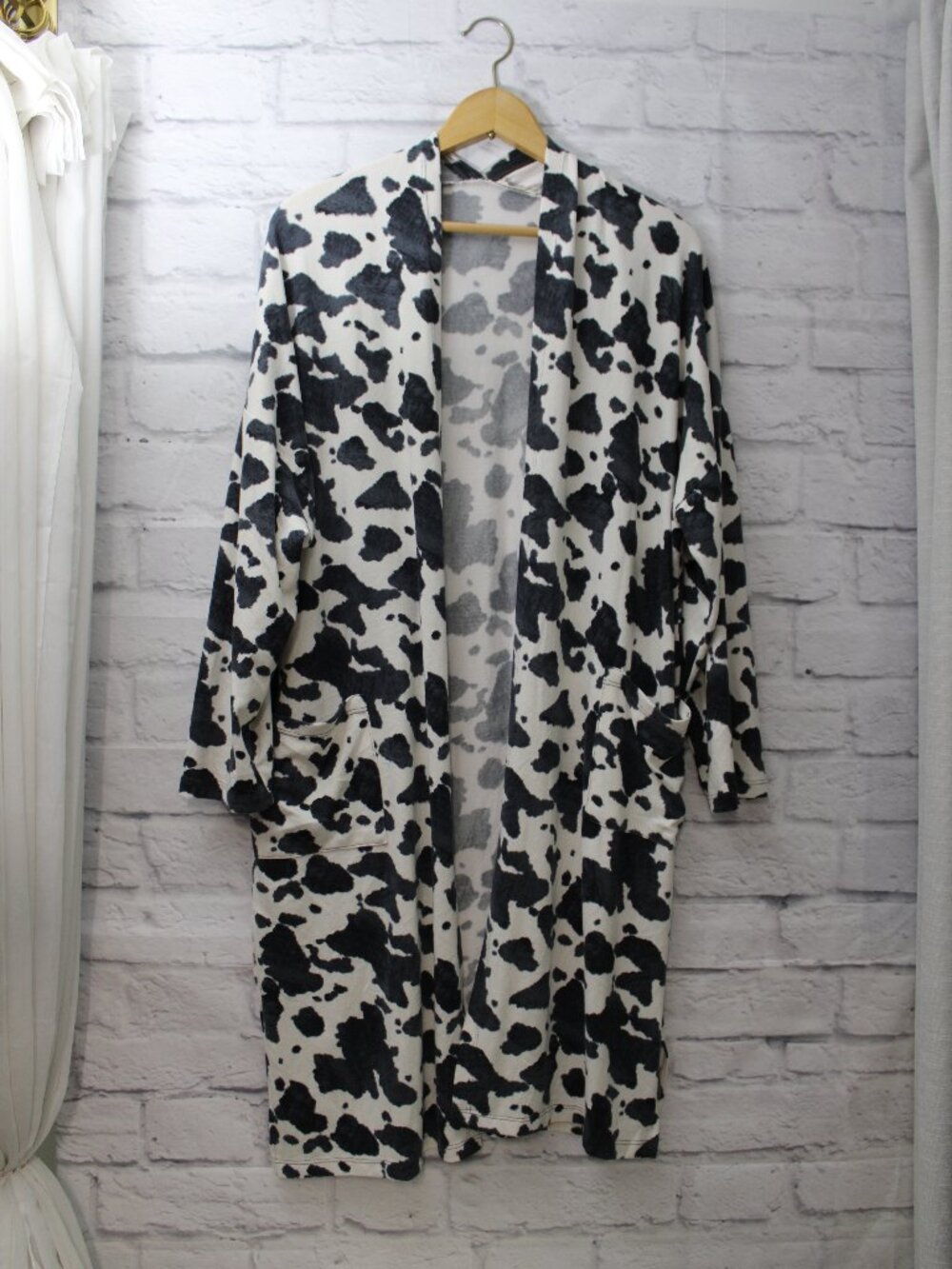 JODIFL Small Cow Print Open Front Longline Longsleeve Drape Cardigan Duster